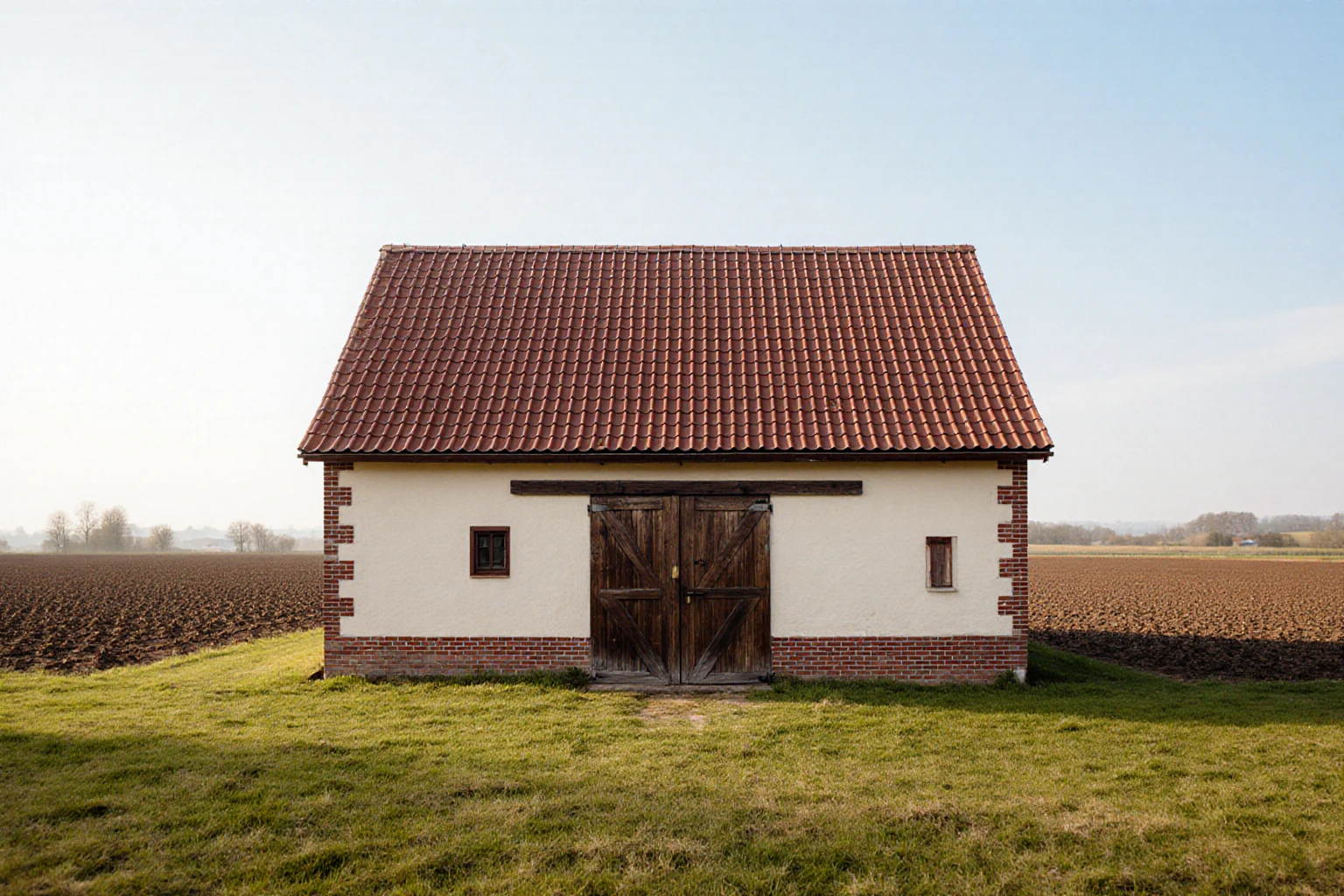 Traditional Polish farmyard with agricultural buildings
